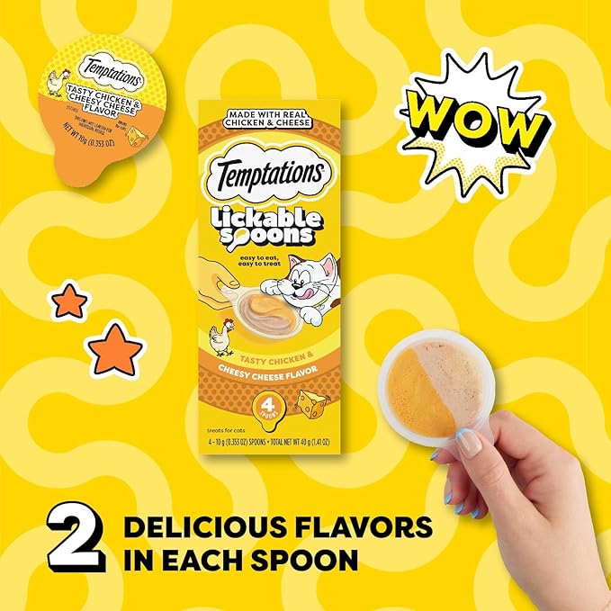 Temptations Lickable Spoons, Soft Lickable Cat Treats, Adult Wet Cat Treats, Tasty Chicken and Cheesy Cheese Flavor, 4 Spoons, Pack of 24 (96 Total)