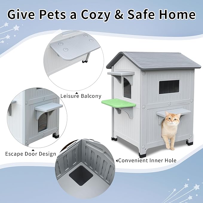 Weatherproof Outdoor Cat House for Feral Multi Cat, 2 Storey Insulated Elevated Plastic Cat Shelter with Escape Door, Easy Assemble, Expansive Interior‌ White 34" D x 21" W x 21.5" H
