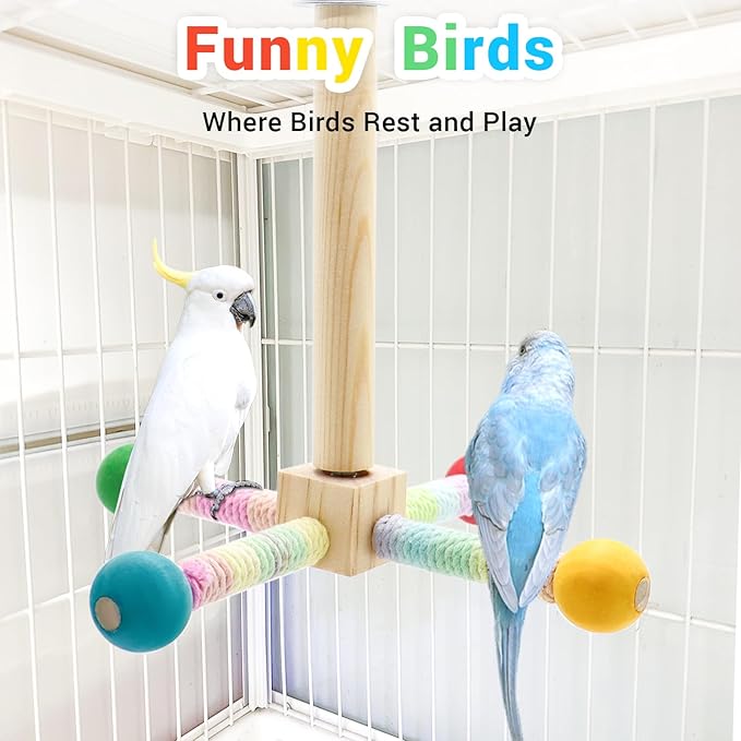 Bird Rotating Perch Toys,Parakeet Interactive Stand Perch Chew Toy,Wooden Exercise Wheel Parrot Toys,Cockatiel Toys for Bird Cage Accessories for Small and Medium Parrots (4 Perch)