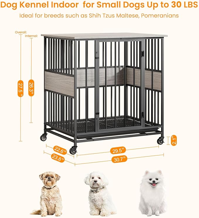 Dog Crate Furniture for Small Dogs, 31 Inch Indoor Puppy Kennel, Wooden Pet Cage Decorative Corner End Table with Caster Wheels & Removable Tray, Greige