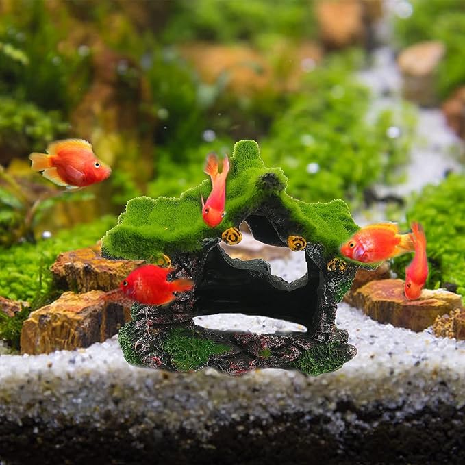 Tfwadmx Aquarium Decoration House Resin Hollow Betta Hideout House Fish Hide Tank Terrarium Accessories Cave Ornament for Small Shrimp Hideaway with Moss（2Pcs）