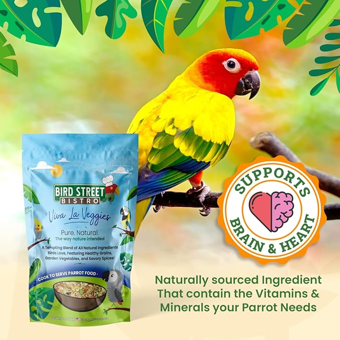 Bird Street Bistro Parrot Food for Parakeets & Cockatiels - Viva La Veggies - 24 oz - Cooks in 3-15 min, Natural Grains, Fruits & Vegetables - USA Made