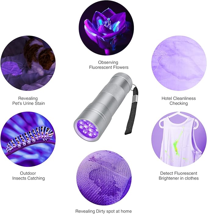 COSOOS 4 Pack Blacklight Flashlights, 395nm UV Handheld Black Light Flashlight, 12LED Mini Portable Pet Urine Detector for Dog Cat Urine, Scorpions, Dry Stains, Bed Bugs(Silver)