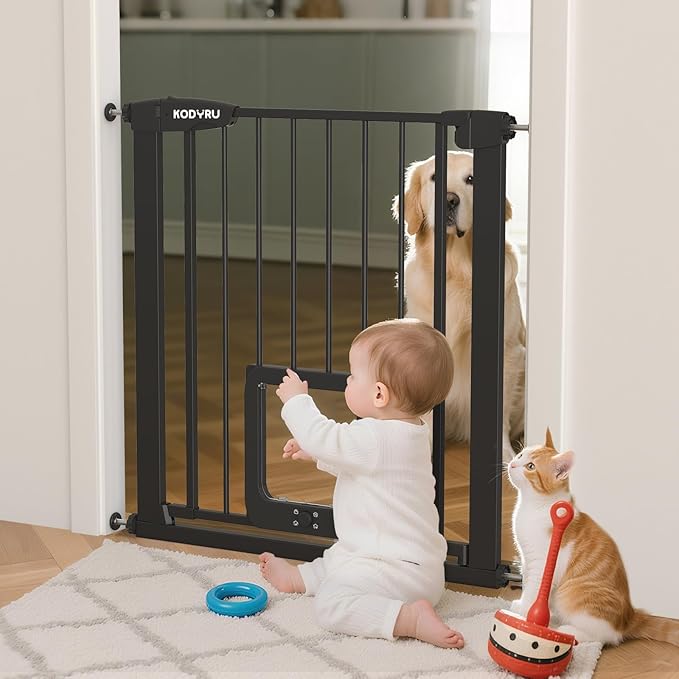 30 Inch Tall Dog Gate with Cat Door, Adjustable Width (29.7-57 Inches) for Doorways, Hallways & Stairs, Pressure-Mounted Walk-Through Dog Gate with Auto-Close & Double Lock Safety（Black）