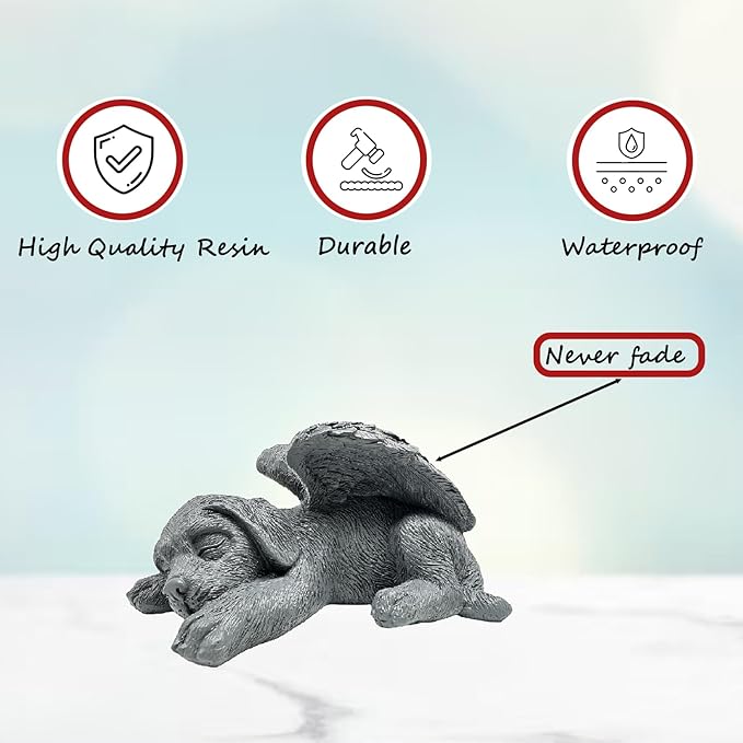 Small Dog Angel Pet Memorial Grave Marker Tribute Statue，Resin Sleeping Dog Statue with Wings for Garden,Indoor,Pet Grave Markers,and Loss of Sympathy Gift(Gray)