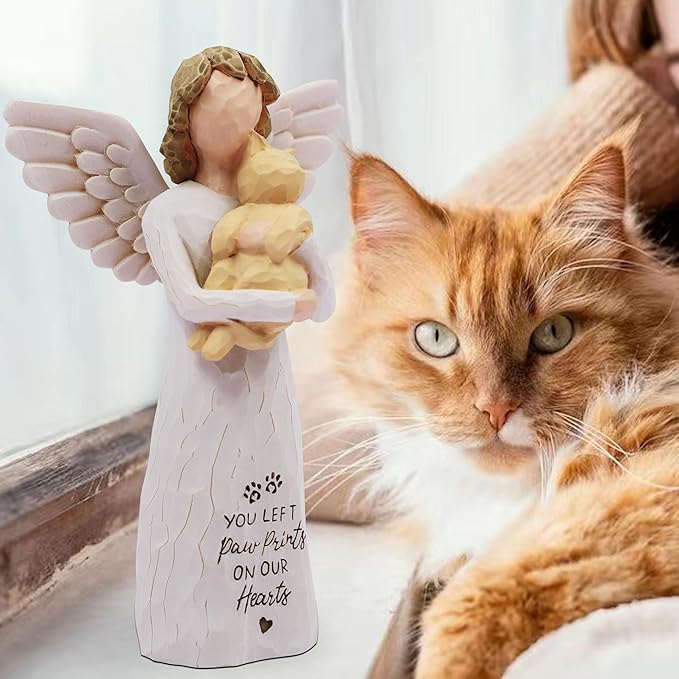 BORLESTA Loss of Cat Sympathy Gift, Cat Memorial Gifts for Loss of Cat, Passed Away Cat Gifts, Pet Memorial, Cat Mom, Hand-Painted Figurines Angel Cat (Yellow)