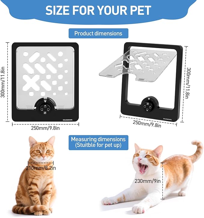 4-Way Locking Cat Door for Thin Materials - Adjustable Pet Door Flap fits Screens, Boxes & Carriers, 8x12 Inch Small Door for Crates, Litter Box Enclosures & DIY Pet Rooms (Same)