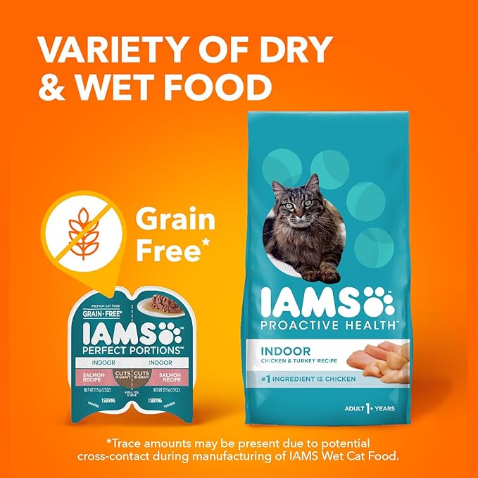 IAMS Perfect Portions Grain Free Wet Cat Food, Indoor Adult Cat Food Wet Cuts in Gravy, Salmon Recipe, (24) 2.6 oz. Twin-Pack Trays