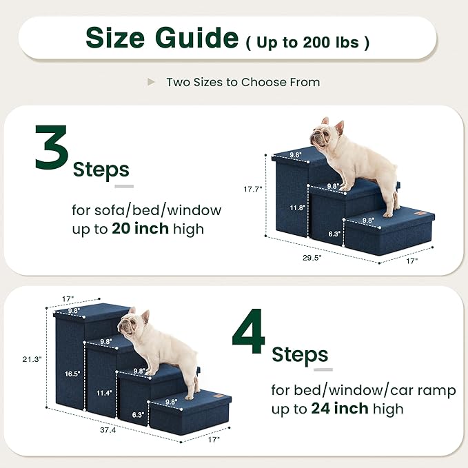 Love's cabin Dog Stairs with Storage, 3 Steps Wider Dog Steps for High Bed 18" H, Foldable Pet Stairs for Small Medium Large Dogs Cats for Bed Couch Car, Ramp with Zip up to 200 lbs, Navy Blue