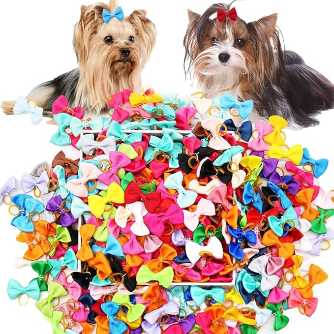 100Pcs(60 Colors) Pure Color Dog Bows with Rubber Bands Small Handmade Topknot Hair Bows for Doggie Puppy Cat Bunny Yorkie Pet Hair Grooming Accessories