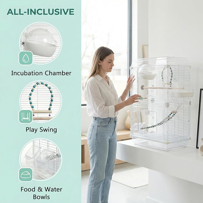 8-in-1 Clear View Bird Cage - Double Layer Small Birdcage with Common Accessories, Indoor & Travel Bird Carrier for Canary, Parakeet, Parrot, Budgies, Cockatiels, 18 * 12 * 27in
