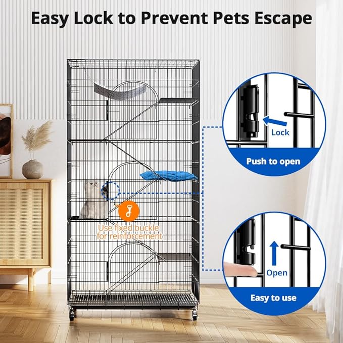 PawGiant 6-Tier Large Cat Cage Playpen, 72-inch Indoor/Outdoor Enclosure with 3 Doors, Hammock, Suitable for Cats, Kittens, and Small Animals