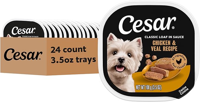 Cesar Classic Loaf in Sauce Adult Wet Dog Food Chicken and Veal Recipe, 3.5 oz. Easy Peel Trays, 24 Count (Pack of 1)