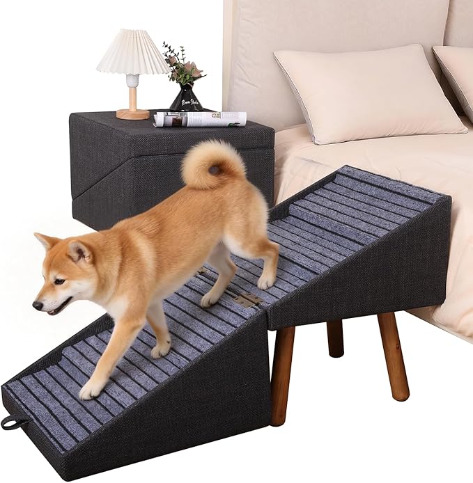 21.06” Dog Stairs for High Bed, 6-Step Pet Stairs with Split Ottoman Design - Tall Dog Steps Convertible to Bedside Table Nightstand, Large Non-Slip Stairs for Big Medium Dogs to Bed (Black)