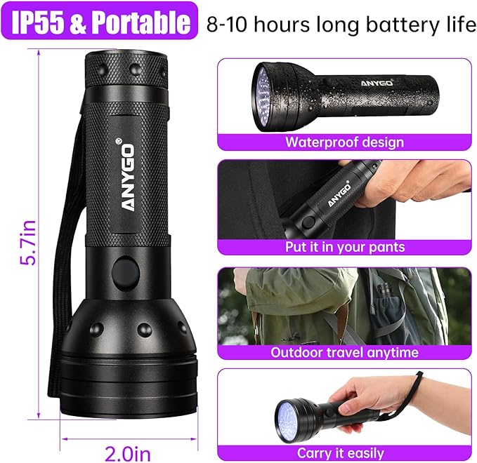 51 LED UV Black Light Flashlight, 395nm Portable Ultraviolet Pet Urine Detector for Dog Cat Stains, Bed Bugs, Scorpions, Resin Curing, Keychain Flashlight & Battery Included