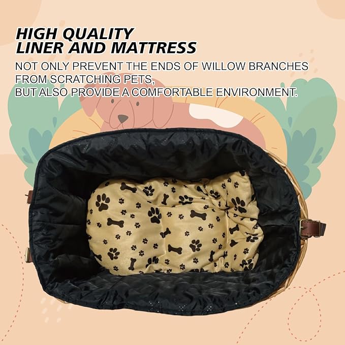 Rear Bike Basket for Dogs, Wicker Pet Bicycle Carrier for Small Dog Cat with Protective Grille Liner Eco Friendly Natural Rattan Doggy Back Luggage Rack Seat (Brown Style1)