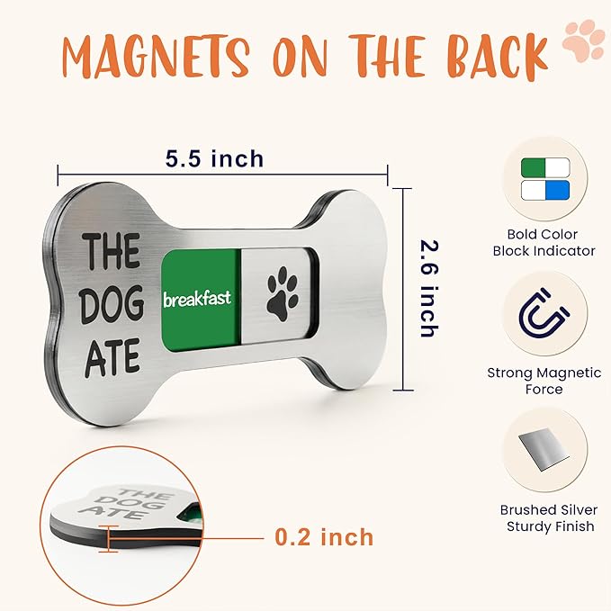 Dog Feeding Reminder Supplies with Magnet, Bone-Shaped Design Brushed Silver, Acrylic Pet Nursing Schedule for Breakfast & Dinner, Feed Slider with Paw Pattern, 2 Stickers 5.5 x 2.6inch