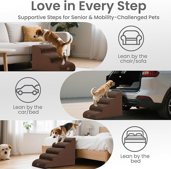 gogobunny Ramp Cat Dog Stairs for Beds, Cat Slope Stairs with Durable Waterproof Fabric Cover, Pet Steps for Old Large Dogs Climbing (Brown, 3-Step (22.4" D x 15.7" W x 15.7" H), 3)