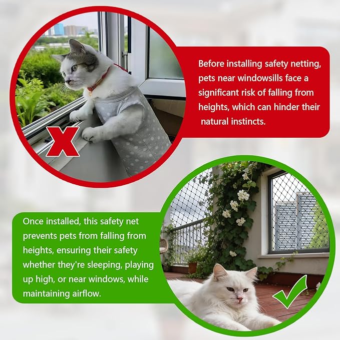 Cat Balcony Netting, Large Cat Net Pet Anti-Fall Safety Netting,Tear-Resistant, Thickened Nylon Dogs Cats Climbing Net, Pet Mesh Fence for Balcony, Stair, Window, Outdoors (10x3.3ft)