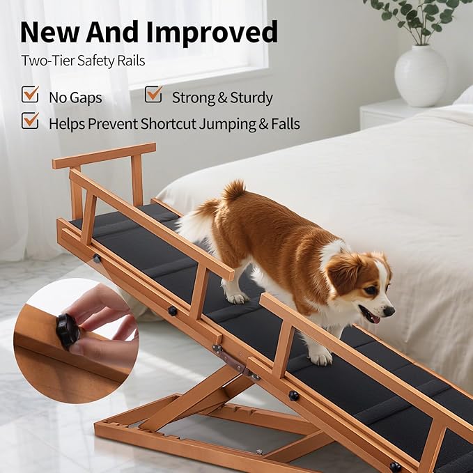 Dog Ramps for Beds, 64" Long Foldable Pet Ramps for Large Dogs, Portable Wooden Dog & Cat Ramps for Couch, Furniture-Grade Dog Step Adjustable Height W/Non Slip Mat & Safety Side Rails