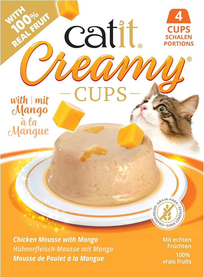 Catit Creamy Cups Cat Treats – Chicken/Mango 4 Pack for Cats & Kittens – Grain-Free, No Salt or Preservatives