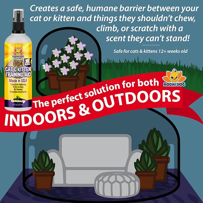 Bodhi Dog 3-in-1 Cat & Kitten Training Aid - Cat Deterrent Spray for Indoor and Outdoor Use - Repellent to Establish Boundaries, Keep Cats Off Furniture, Protect Rugs & Plants - Made in USA (8 Fl Oz)
