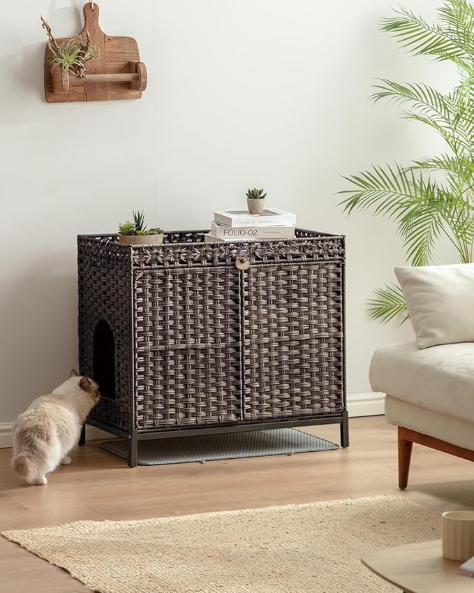 Cat Litter Box Enclosure Furniture, Hidden Handwoven Rattan Litter Box with Mat, Large Cat House with Metal Heightened Feet, 30.3 x 18.3 x 28 Inches, Indoor for Living Room, Bedroom Brown