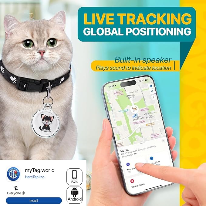 Cat Tracke Collar-Cat GPS Tracker-GPS Tracker for Cats-Pet Tracker| Android and iOS Universal | No Monthly Fee | Waterproof | Works with Any Collar