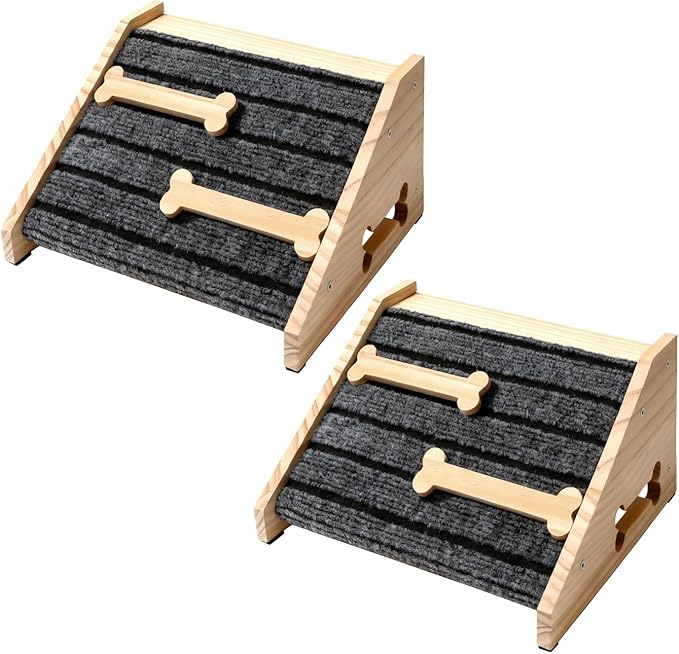 2-Pack Wooden Dog Ramp for Stairs - Natural Pine Wood Pet Step Ramp with Anti-Slip Bone Strips & Felt Padding, Stair Wedge for Small Medium Dogs, Indoor Home Safety Access for Injured Dogs