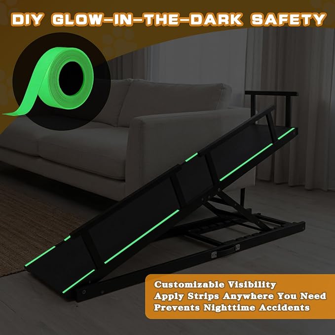 7 Adjustable Dog Ramp for Bed, Couch - 63" Foldable Birchwood Dog Ramp with Safety Rails, Non-Slip EVA Surface & DIY Glow in The Dark Strips, Wooden Pet Ramp for Large Dogs Supports 250Lbs