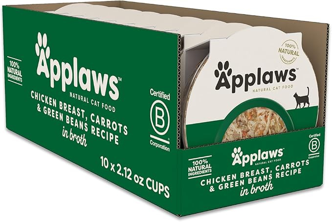 Applaws Natural Wet Cat Food in Broth, Limited and Natural Ingredients, High Protein with No Artificial Additives, Chicken, Carrots & Green Beans in Broth (10 x 2.12 oz Easy-Open Cups)