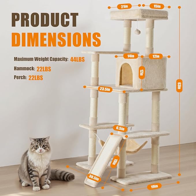 DUMOS Large 63in Cat Tree Tower, Multi Level Cat Climbing Tower with Condo, Natural Sisal Scratching Posts, Extended Platform, Hammock, Pet House for Indoor Cats and Kittens Play, Beige