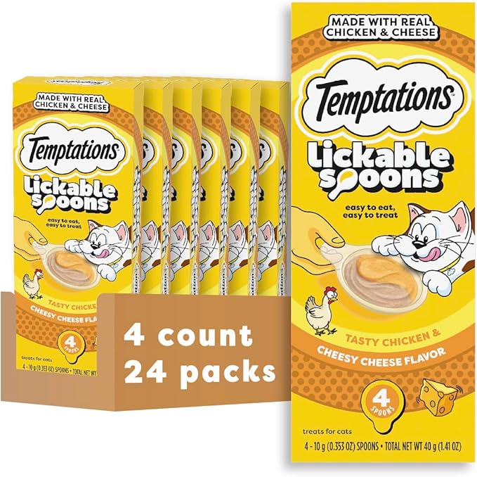 Temptations Lickable Spoons, Soft Lickable Cat Treats, Adult Wet Cat Treats, Tasty Chicken and Cheesy Cheese Flavor, 4 Spoons, Pack of 24 (96 Total)