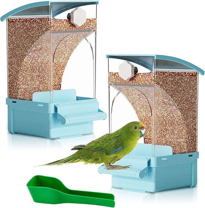 Hamiledyi 2Pcs Automatic Birds Feeder No Mess Bird Cage Feeder Transparent Acrylic Parrot Seed Food Container with Perch Bird Cage Accessories for Parakeet Finch Lovebirds Budgies Canary (Blue)