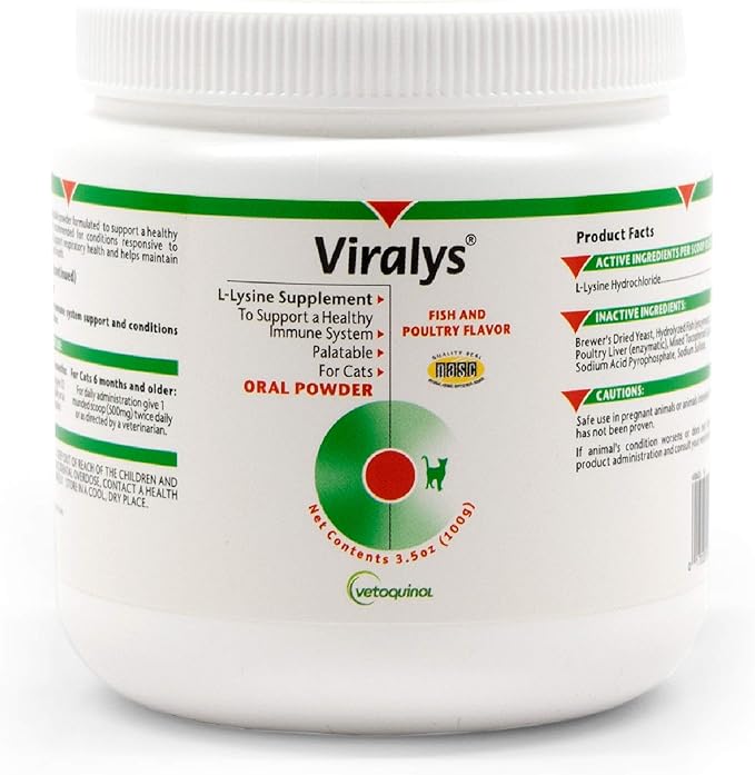 Vetoquinol Viralys Daily L-Lysine Powder for Cats and Kittens, Fish Flavored Lysine Supplement for Cats and Kittens to Support Immune Health, Normal Eye Function and Respiratory Health, 100gm