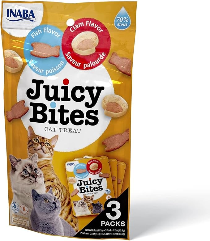 INABA Juicy Bites Grain-Free, Soft, Moist, Chewy Cat Treats with Vitamin E and Green Tea Extract, 0.4 Ounces per Pouch, 3 Pouches Total, Fish and Clam Flavor