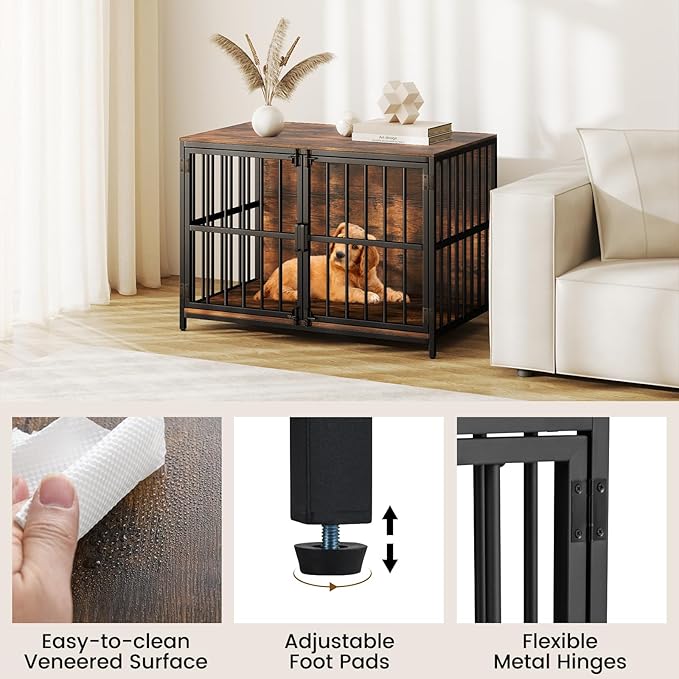 PETSITE 40 Inch Industrial Dog Crate Furniture, Heavy Duty Wooden Dog Kennel with Double Lockable Doors, Decorative Dog Cage End Side Table for Small and Medium Sized Dogs (Rustic Brown)