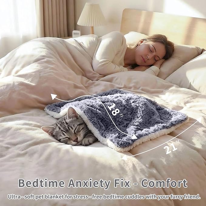 Cat Blanket for Indoor Cats - Ultra Thick 460GSM Faux Rabbit Fur & 260GSM Sherpa, Small Pet Throw for Carrier, Crate & Couch Protection, Soft Thermal Kitten Bedding, 21"x18" Grey
