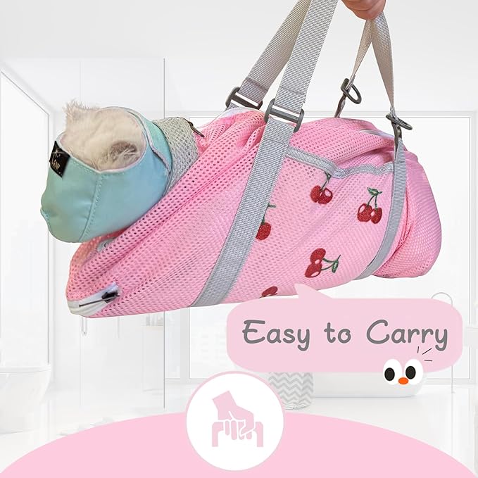 Cinf Cat Bathing Bag(Free Muzzle) Breathable Mesh Anti Scratch Adjustable Cat Grooming Bag for Nail Trimming, Bathing Soft Cat Washing Bag(Pink&Cherry) L
