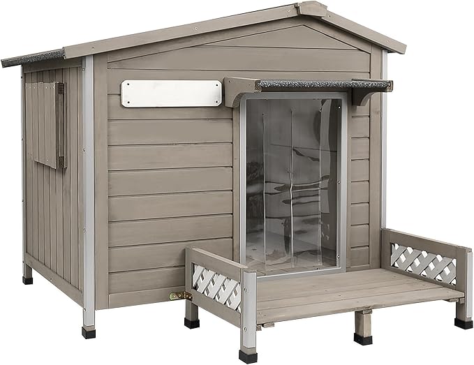 Dog House Outdoor Wooden Dog Kennel Outdoor Weatherproof Chew-Proof Iron Frame, Removable Floor and Adjustable Window for Large Dogs(Gray, 34.6" L x 25.6" W x28.2 H)