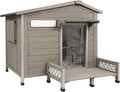 Dog House Outdoor Wooden Dog Kennel Outdoor Weatherproof Chew-Proof Iron Frame, Removable Floor and Adjustable Window for Large Dogs(Gray, 34.6" L x 25.6" W x28.2 H)
