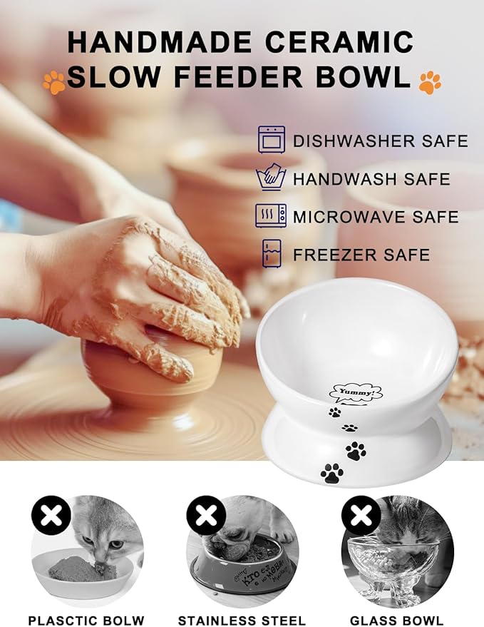 Y YHY Elevated Tilted Cat Bowl, Raised Pet Bowl for Adult Cats or Dogs, Ceramic Food Dish 10 oz, White