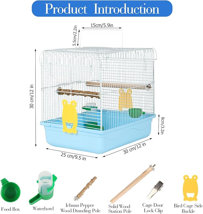 Small Bird Cages for Cockatiels - Parrot Travel Cage Starter Kit with Stand Accessories Birdcage Great for Parakeets Lovebirds Parrotlets Finches Canaries and More Small Birds(Blue)