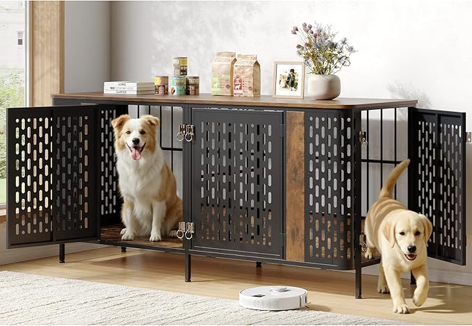 ONBRILL 71” Large Dog Crate Furniture for 1 or 2 Dogs,Large Double Dog Cage with Removable Divider,Heavy Duty Wooden Dog Crate As TV Stand with Steel Frame,Brown