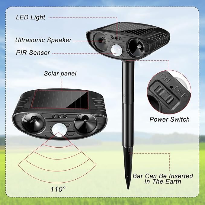 Ultrasonic Animal Repellent Outdoor Solar Powered Repeller Cat Dog Deer Deterrent Waterproof Motion Sensor Deterrent for Yard Garden Rabbit Squirrels Fox Pest(Black, Green,2 Pieces)