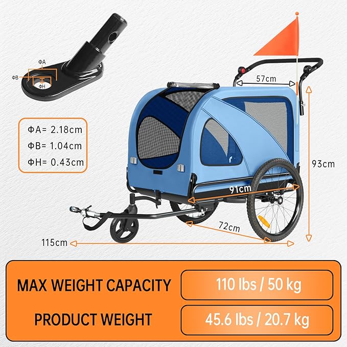Sepnine Dog Bike Trailer, Supports up to 110 lbs, 2-in-1 Pet Stroller Cart Bicycle Carrier, Easy Folding Cart Frame with Quick Release Wheels, Universal Bicycle Coupler, Non-Slip Floor, Internal Leash