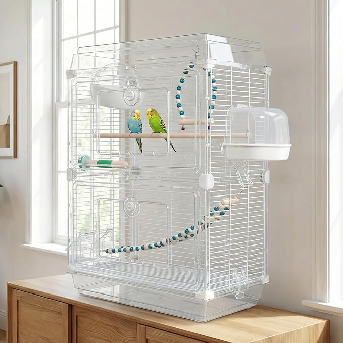 8-in-1 Clear View Bird Cage - Double Layer Small Birdcage with Common Accessories, Indoor & Travel Bird Carrier for Canary, Parakeet, Parrot, Budgies, Cockatiels, 18 * 12 * 27in