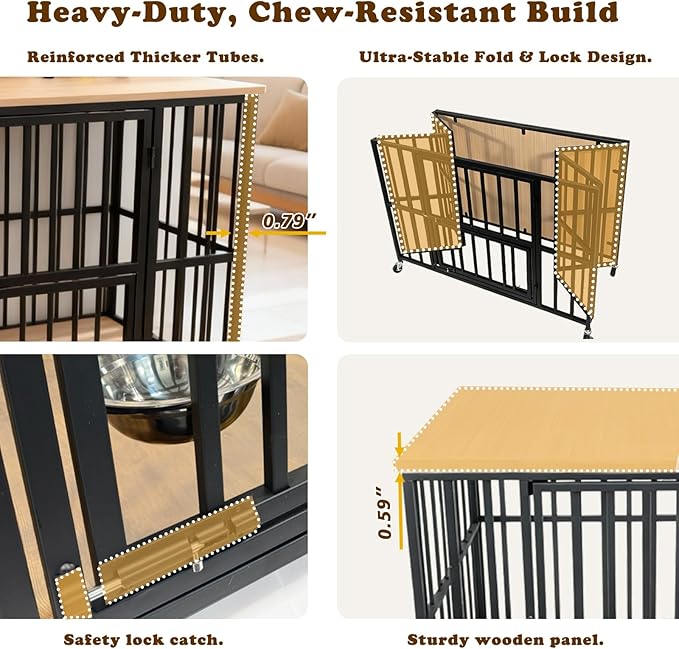 43" Dog Crate Furniture Foldable, Large Dog Kennel Furniture with Swing-Out Bowl & Dual Base Sets (Feet+Wheel), No Assembly Foldable Dog Crate Furniture, End Table for Large Dogs, Warm Gray