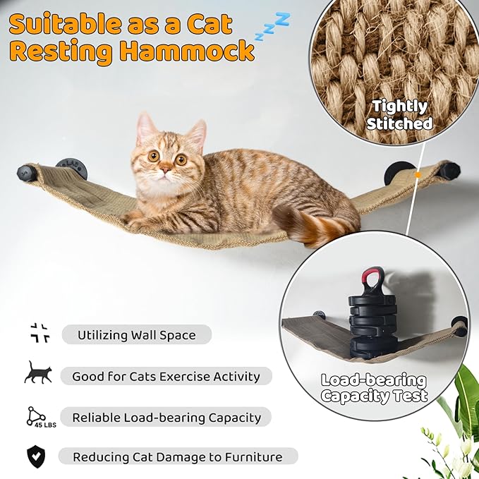 Cat Wall Shelves Scratcher Mat Scratcher 34.64 x 12.59 Inch, Climbable Burlap Scratch Pad for Cats Space-Saving & Playing, Climbing & Resting Stabilized Cat Wall Hammock Large Cats or Kittens