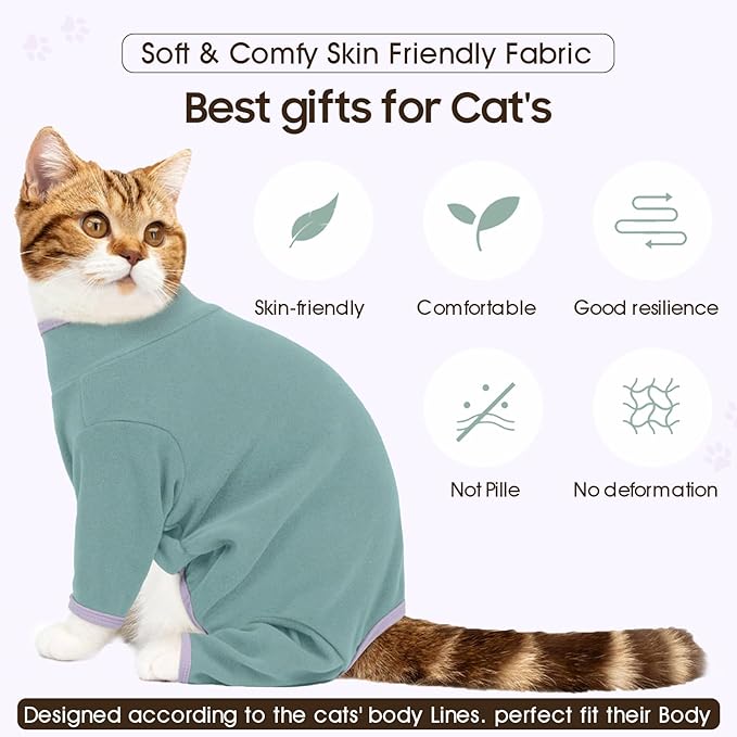 DENTRUN Cat Clothes for Hair Control with Hair Sticky Fabric - Soft Recovery Suit & Breathable Lint-Resistant Cat Sweater for Cats Only, Kitten Onesie Pajamas, S, Bean Green
